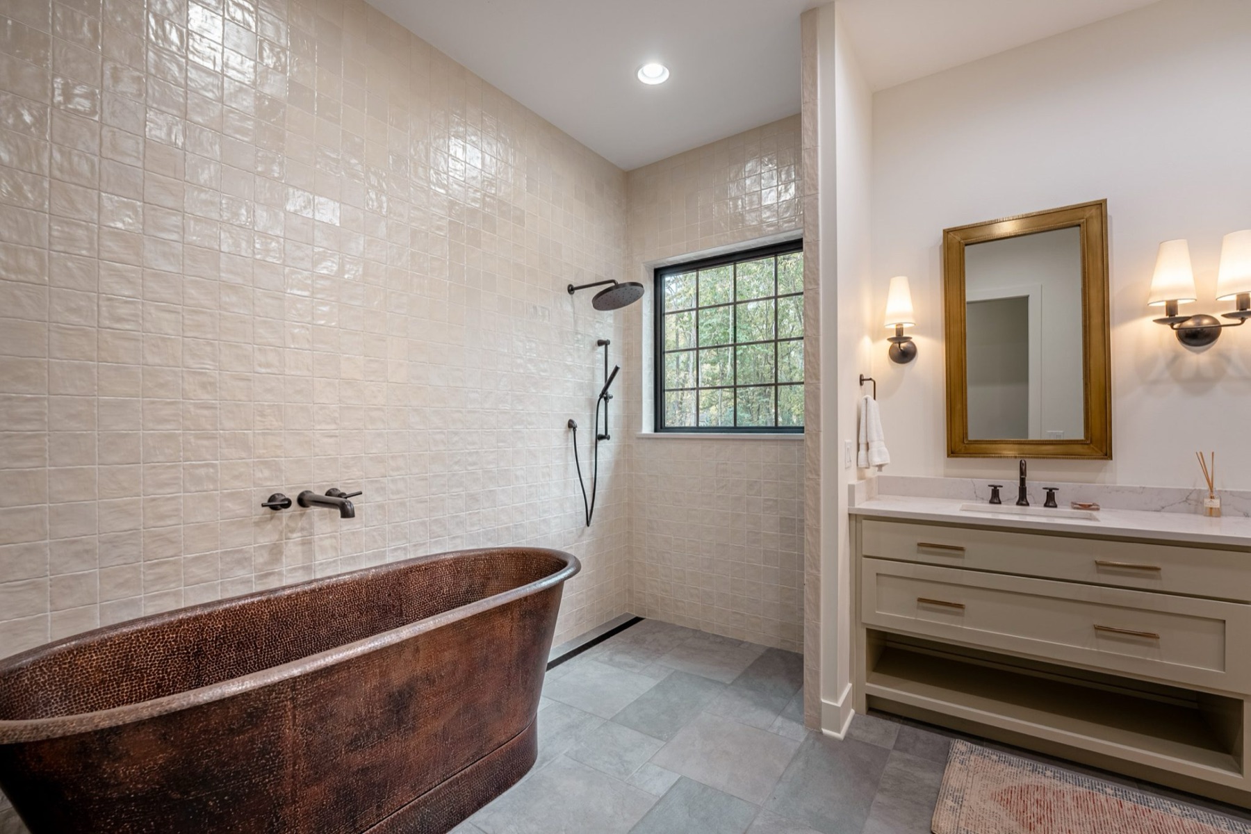 Custom bathroom with freestanding copper tub