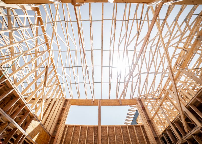 Timber roof trusses of a custom home under construction